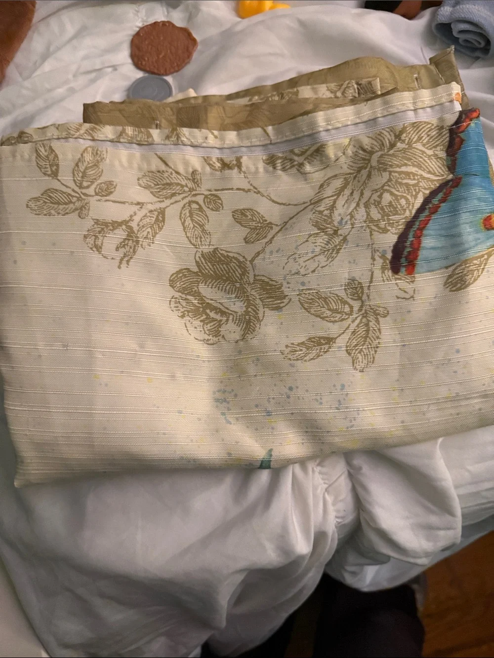 Floral bathroom Curtain Panel in Cream and Gold with Blue Accent